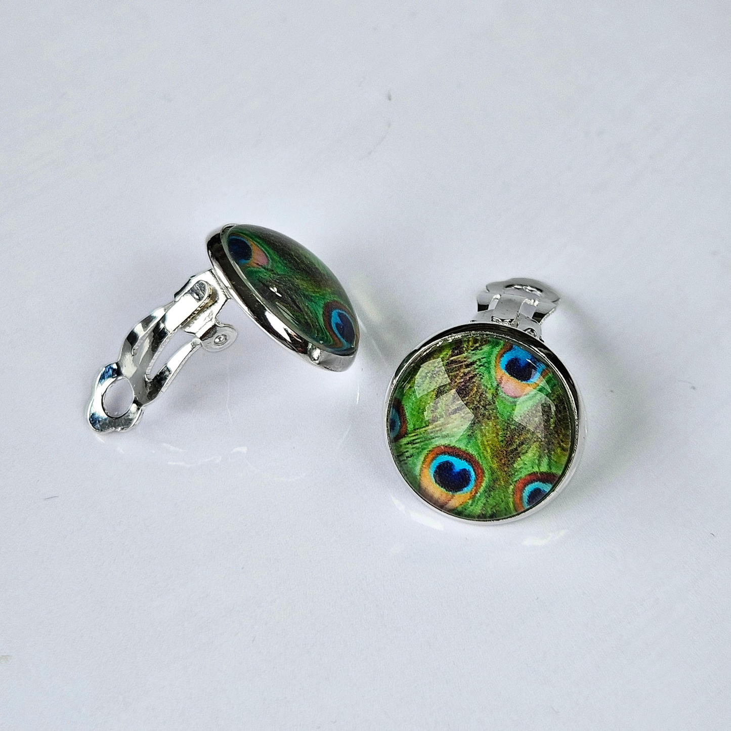 Peacock Feather Clip-On Stud Earrings | Glass Cabochon | Hypoallergenic
