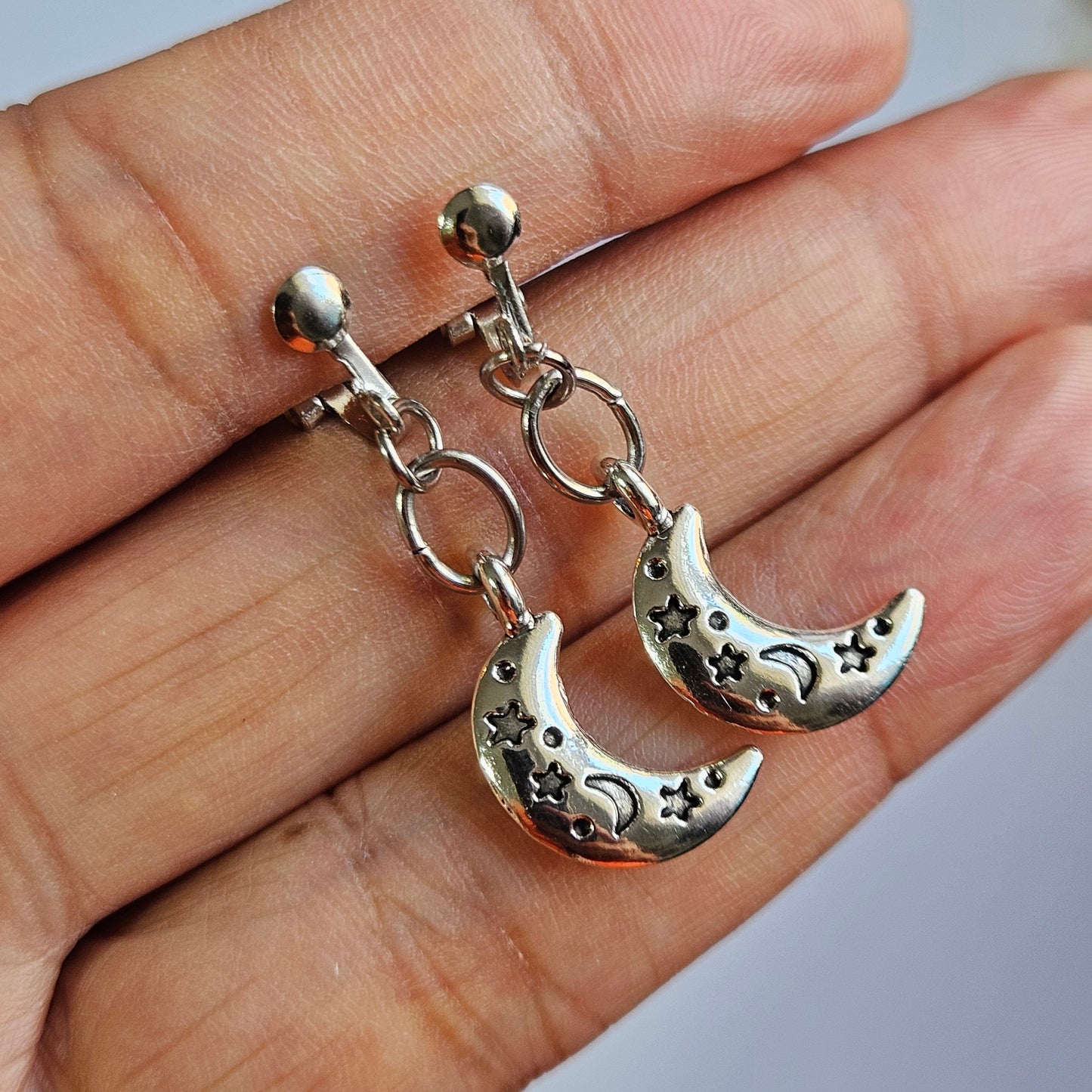 Celestial Moon & Star Dangle Clip-On Earrings | Silver Tone