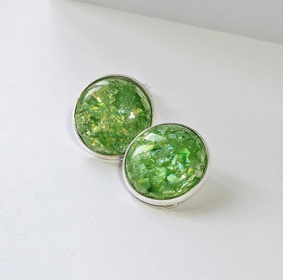 Iridescent Cabochon Clip-On Earrings in Silver Tone
