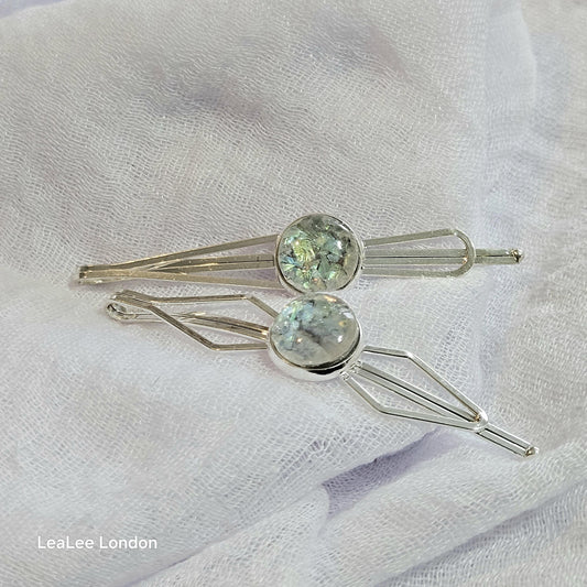 Iridescent Cabochon Hair Slides: Silver Hair Pins (Set of 2)