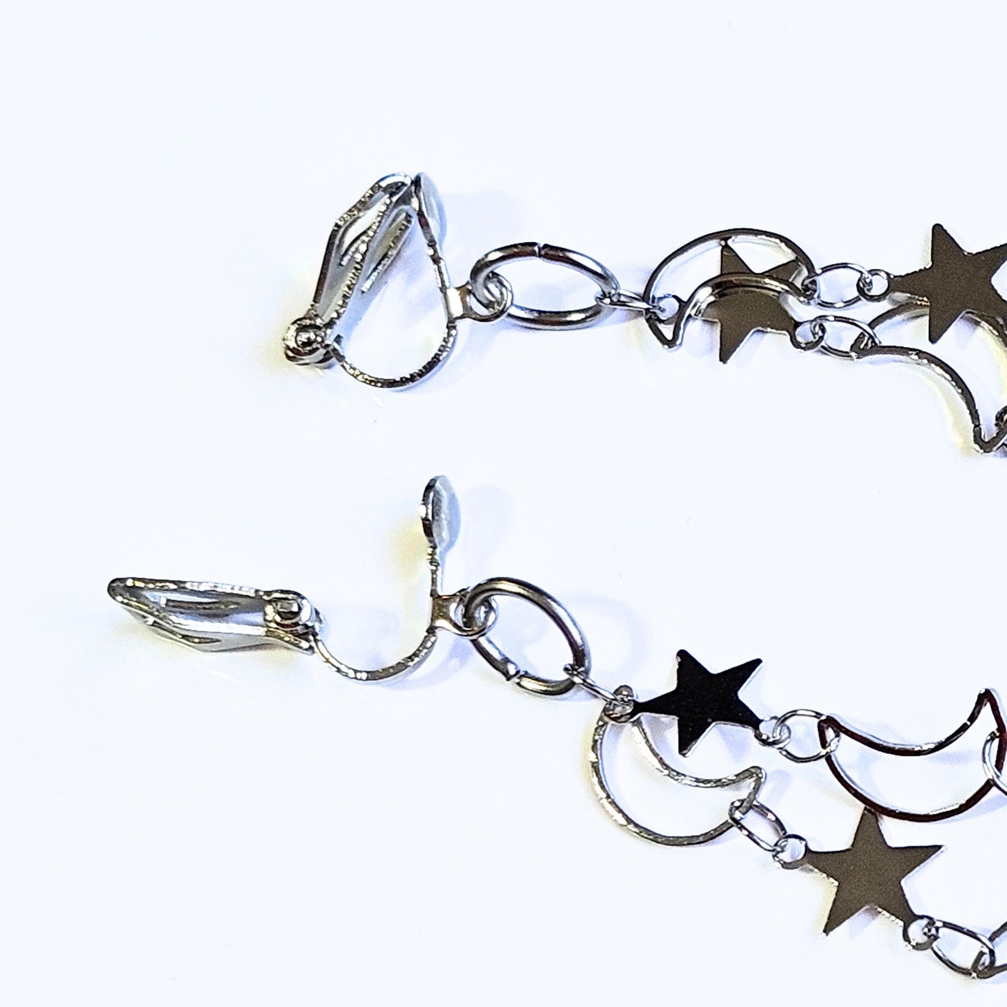 Celestial Clip On Earrings, Moon and Star Dangle, No Pierce