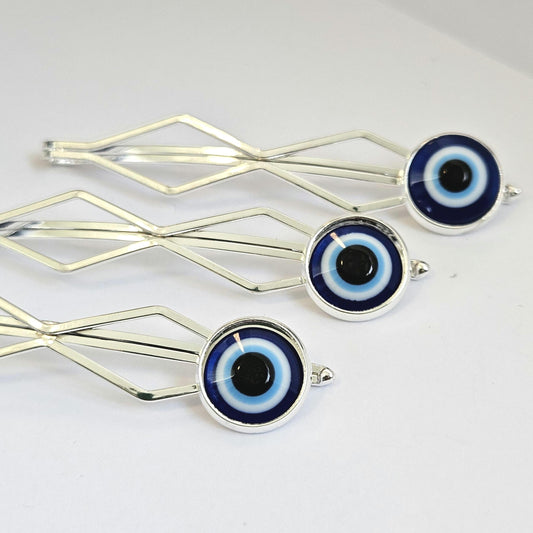 Evil eye decorative Bobby Pins: Silver Hair Slide Clips, Set of 3 for women.