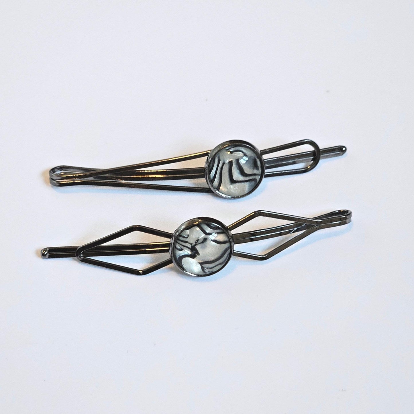 Black Bobby Pin Set of 2, Handmade Striped Cabochon Hair Accessory, Minimal Hair Accessory
