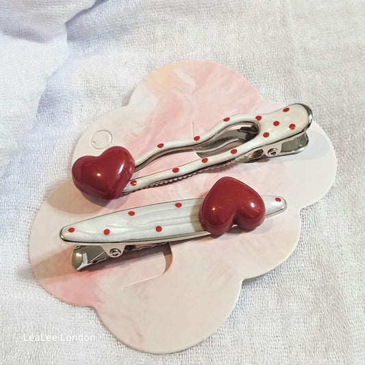 Red Polka Dot Heart Hair Clips: Silver Snap Clip Set