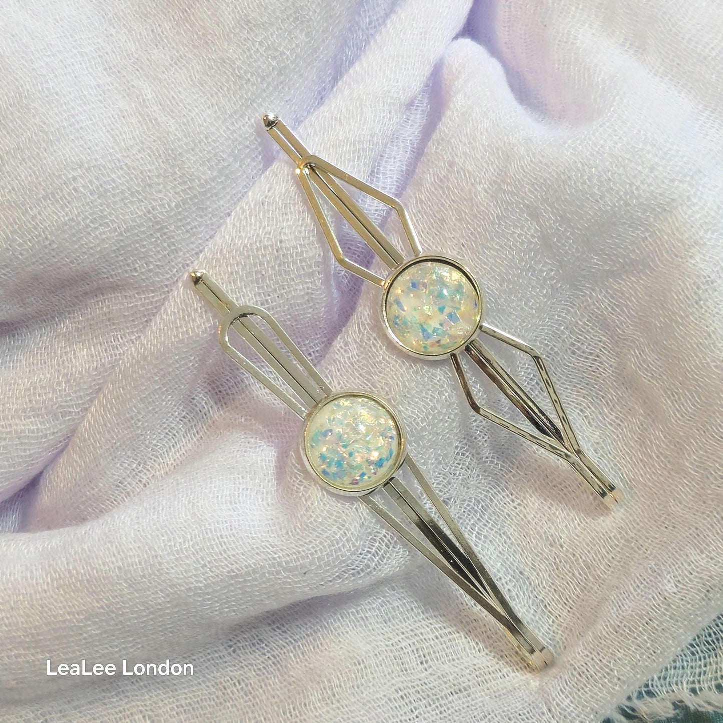 Black Bobby Pin Set of 2, Handmade Iridescent Cabochon Hair Accessory, Minimal Hair Accessory