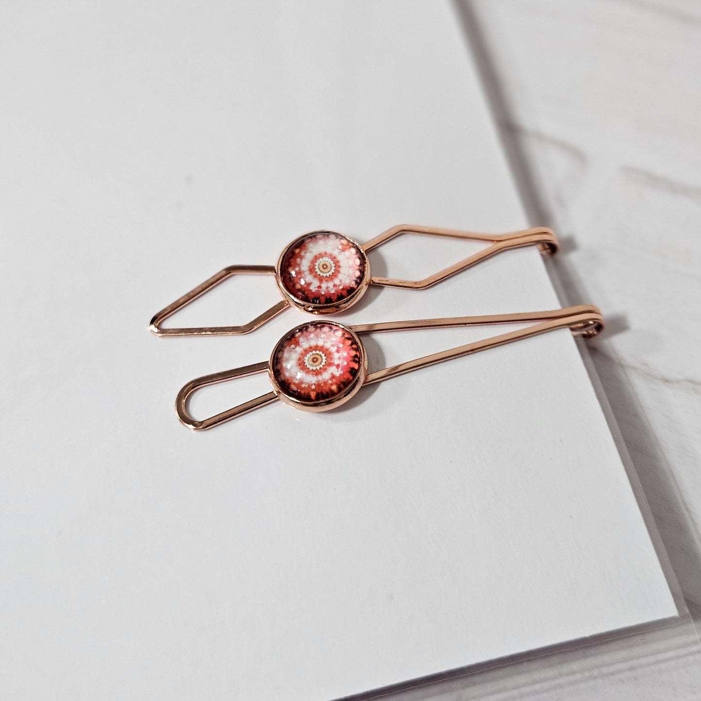 Rose Gold Bobby Pin, Geometric Hair Clip, Handmade Red Cabochon Hair Pin, Minimal Hair