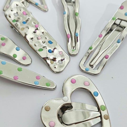 Polka Dot Snap Hair Clips | Set of 7 | Mixed Styles & Sizes | Lightweight Hair Clips for Women & Girls | Silver Tone