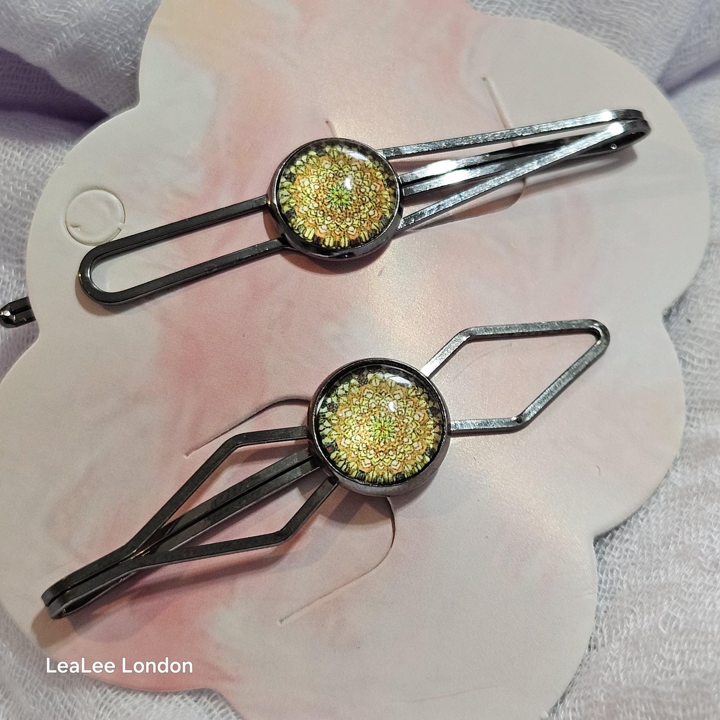 Black Bobby Pins Set of 2, Handmade Boho Mandala Cabochon Hair Clips, Statement Hair Accessories