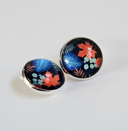 Blue Floral Clip On Earrings: Silver Tone, Non Piercing Stud Clip-ons, Hinged back fastening earrings