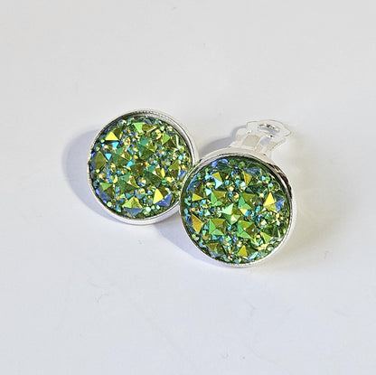 Sparkly Clip-On Earrings | Handmade Silver Cabochon | Non-Pierced | Available in 6 Colours