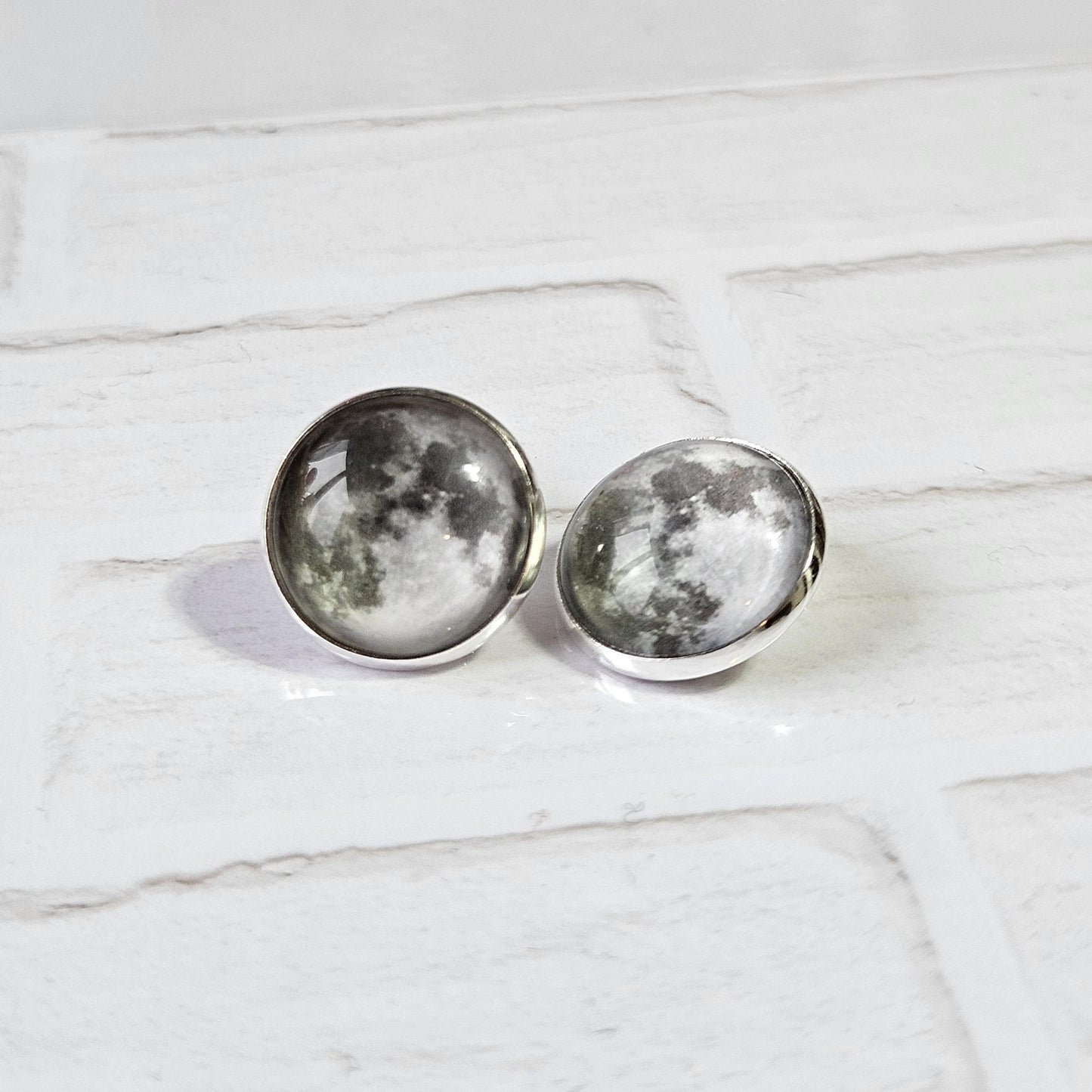 Realistic Full Moon Clip On Earrings, Silver Hinged Back Studs, Comfortable Firm Fit No Pierce Jewelry, Celestial Lunar Gift for Space Lover