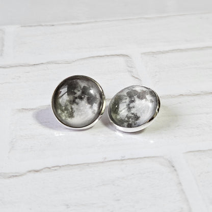 Realistic Full Moon Clip On Earrings, Silver Hinged Back Studs, Comfortable Firm Fit No Pierce Jewelry, Celestial Lunar Gift for Space Lover