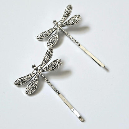 Dragonfly Bobby Pins: Antique Silver Hair Slides, Secure Hold