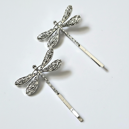 Dragonfly Bobby Pins: Antique Silver Hair Slides, Secure Hold