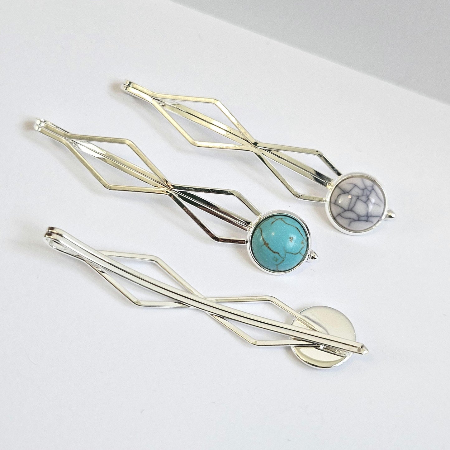 Decorative bobby pins Hair Slides: Colorful Cabochon Bobby Pins, Silver Tone (Set of 3)