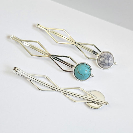 Decorative bobby pins Hair Slides: Colorful Cabochon Bobby Pins, Silver Tone (Set of 3)