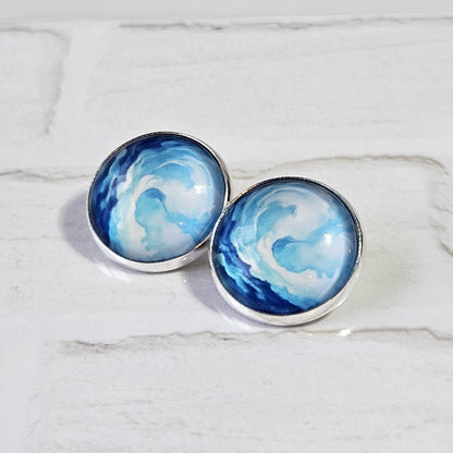 Blue Watercolour Clip On Earrings, Non Piercing Hinged Back Earrings, Handmade Cabochon Stud Earring, Lightweight Statement  Jewellery
