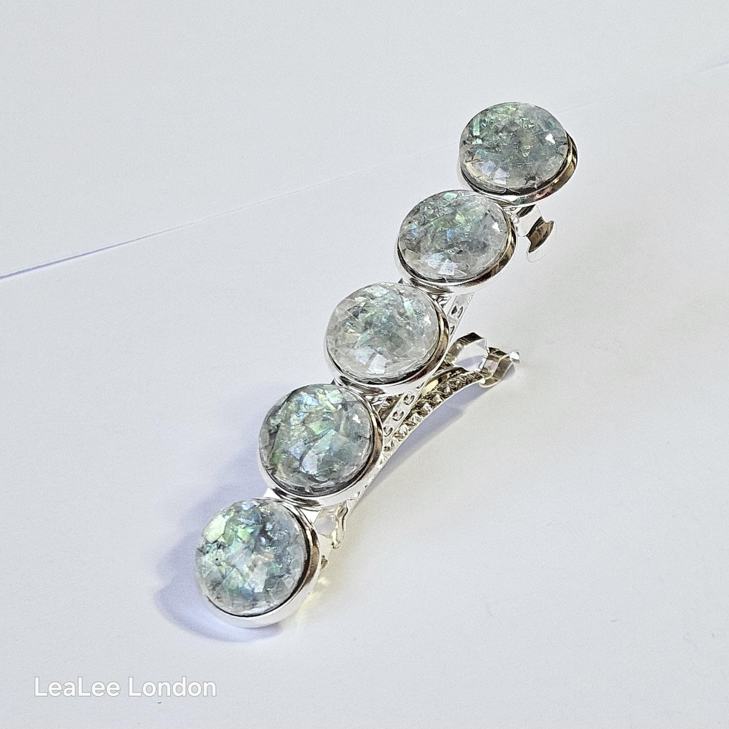 Iridescent Grey Marble Resin French Barrette: Silver Hair Clip