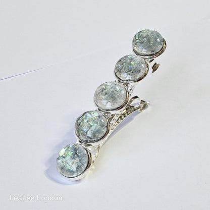 Iridescent Grey Marble Resin French Barrette: Silver Hair Clip