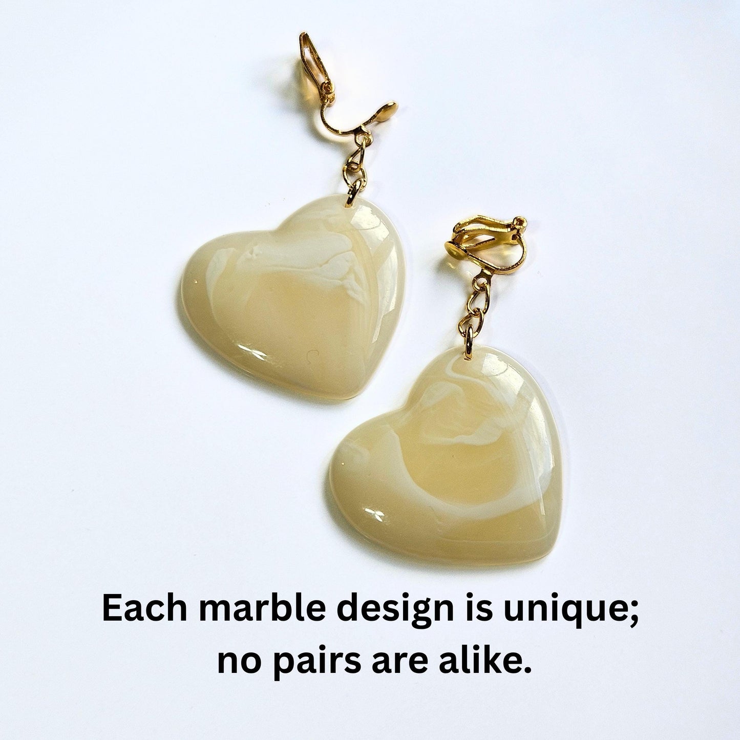 Acrylic Marble Heart Clip-On Earrings – Gold Tone | Non-Pierced