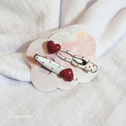 Red Polka Dot Heart Hair Clips: Silver Snap Clip Set