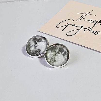 Realistic Full Moon Clip On Earrings, Silver Hinged Back Studs, Comfortable Firm Fit No Pierce Jewelry, Celestial Lunar Gift for Space Lover