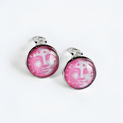 Full Moon Face Clip-On Earrings | Celestial Cabochon, Non-Pierced