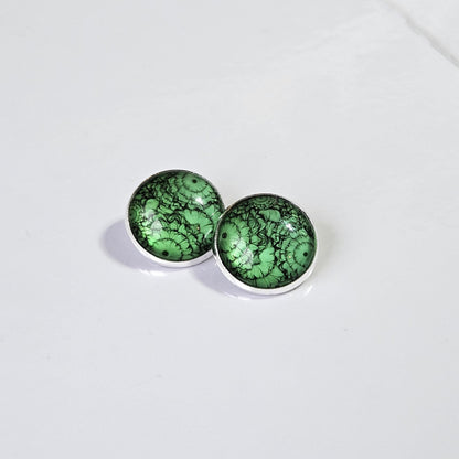 Green Flower Silver Clip On Earrings, Non Pierced Earrings, Handmade Cabochon Earrings, Statement Jewellery UK
