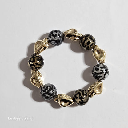 Handmade Cheetah Print Bracelet for Women – Chunky Elastic Beaded Bracelet with Gold Detail, UK Jewellery Gift