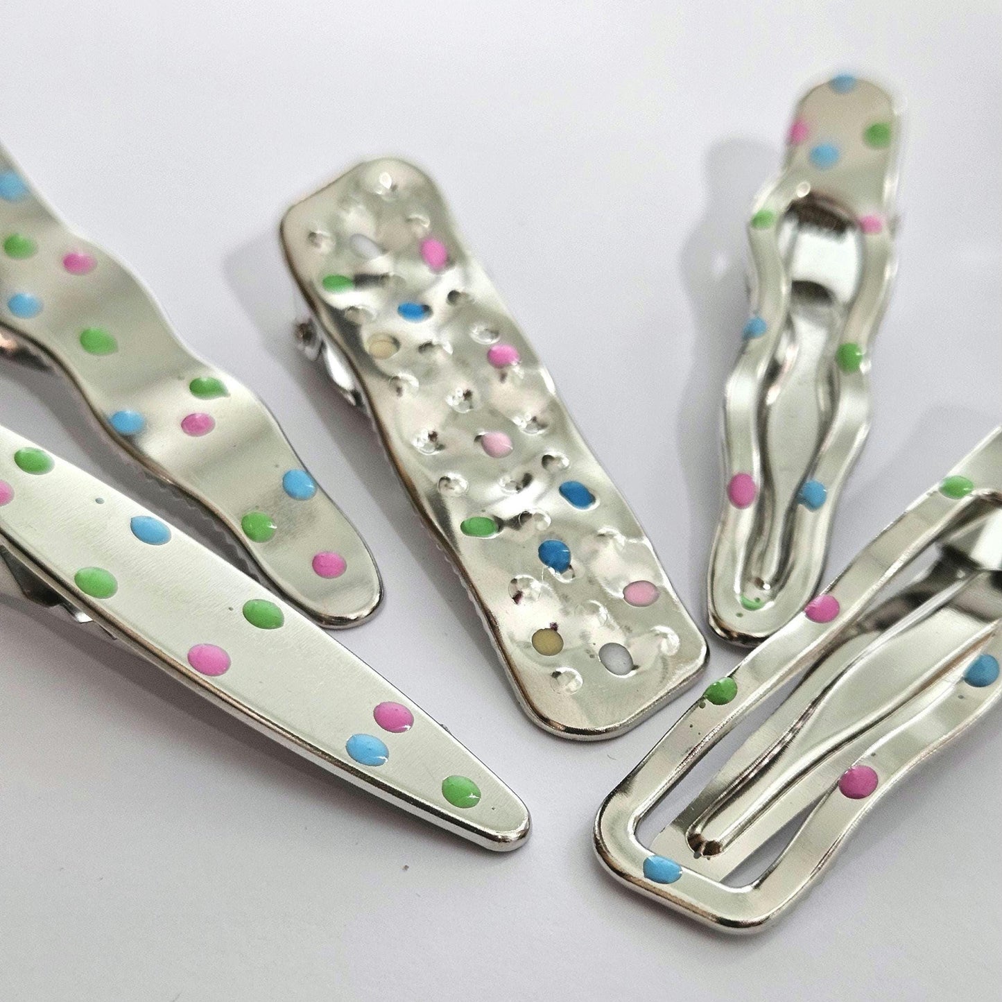 Polka Dot Snap Hair Clips | Set of 7 | Mixed Styles & Sizes | Lightweight Hair Clips for Women & Girls | Silver Tone