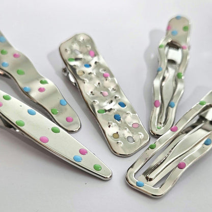Polka Dot Snap Hair Clips | Set of 7 | Mixed Styles & Sizes | Lightweight Hair Clips for Women & Girls | Silver Tone