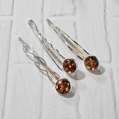 Silver Bobby Pin Set of 3, iridescent Cabochon Hair Pins, Minimal Hair Accessories