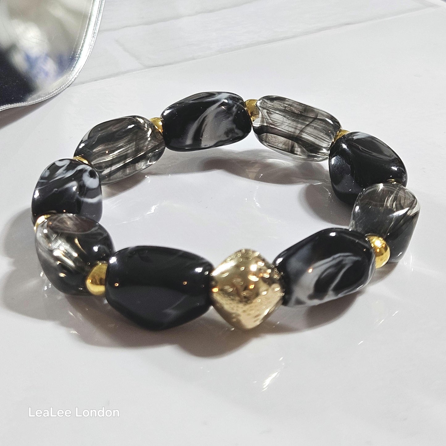 Elastic Black and Gold Bracelet, Stacking Large Acrylic Jewellery
