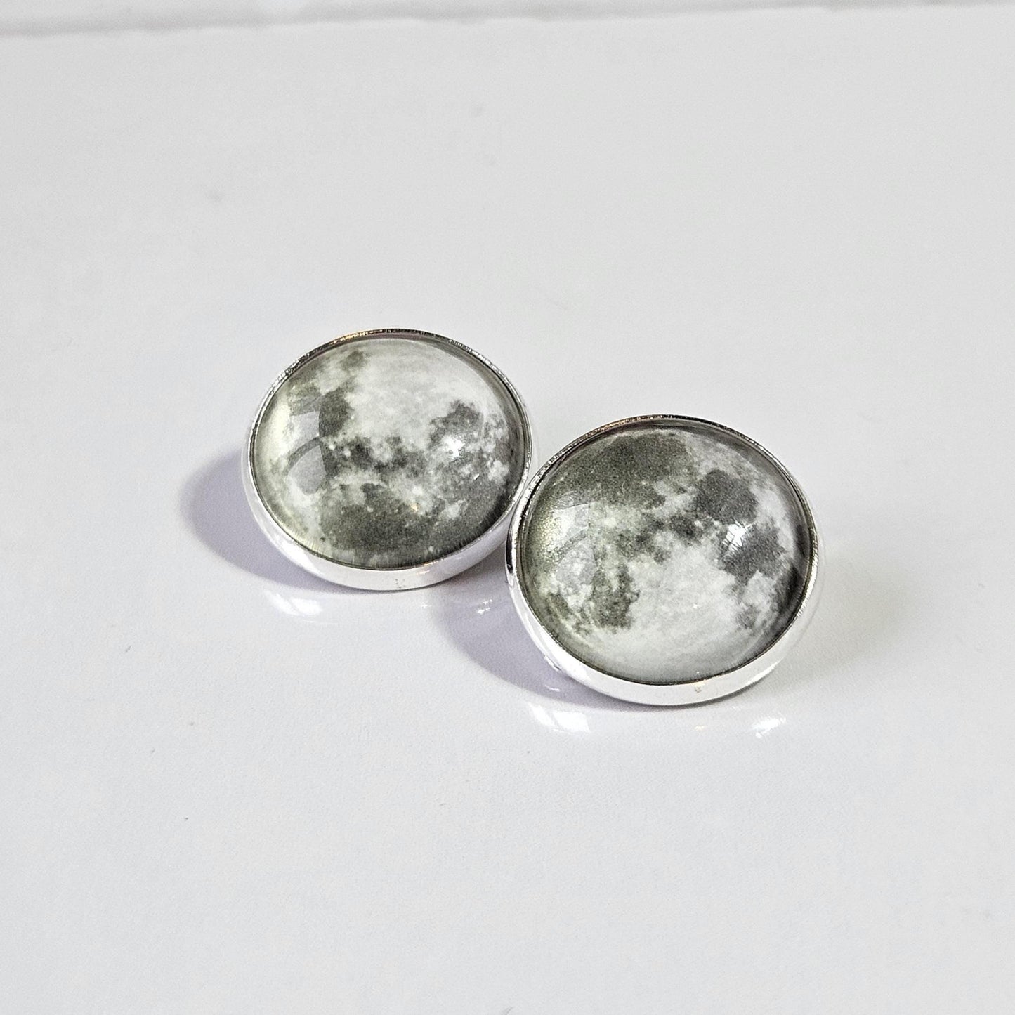 Realistic Full Moon Clip On Earrings, Silver Hinged Back Studs, Comfortable Firm Fit No Pierce Jewelry, Celestial Lunar Gift for Space Lover