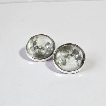 Realistic Full Moon Clip On Earrings, Silver Hinged Back Studs, Comfortable Firm Fit No Pierce Jewelry, Celestial Lunar Gift for Space Lover