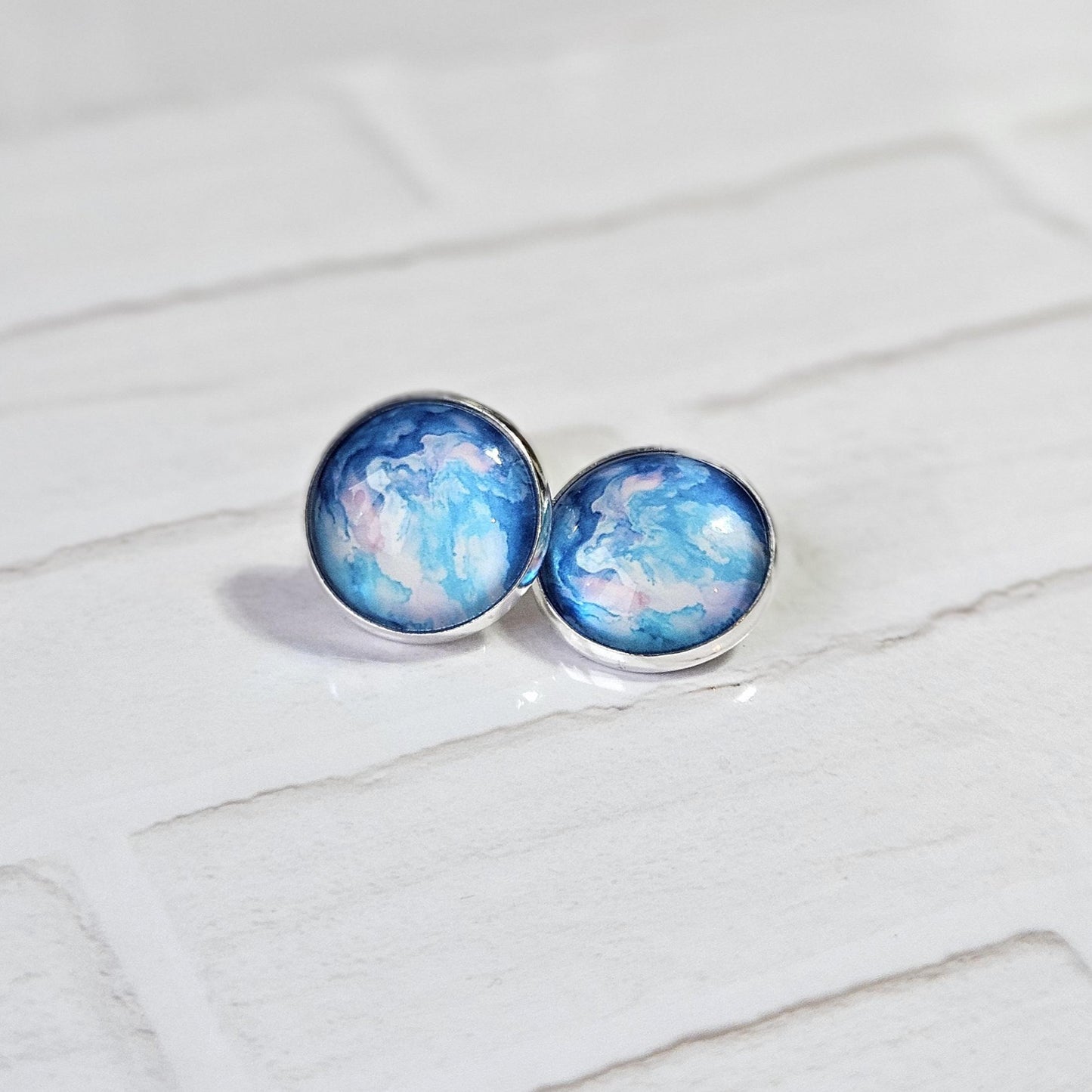 Blue Watercolour Silver Clip On Earrings, Non Pierced Stud Earrings, Handmade Cabochon, Lightweight Statement Jewellery