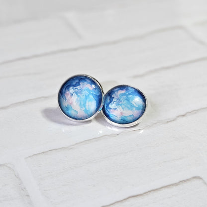 Blue Watercolour Silver Clip On Earrings, Non Pierced Stud Earrings, Handmade Cabochon, Lightweight Statement Jewellery