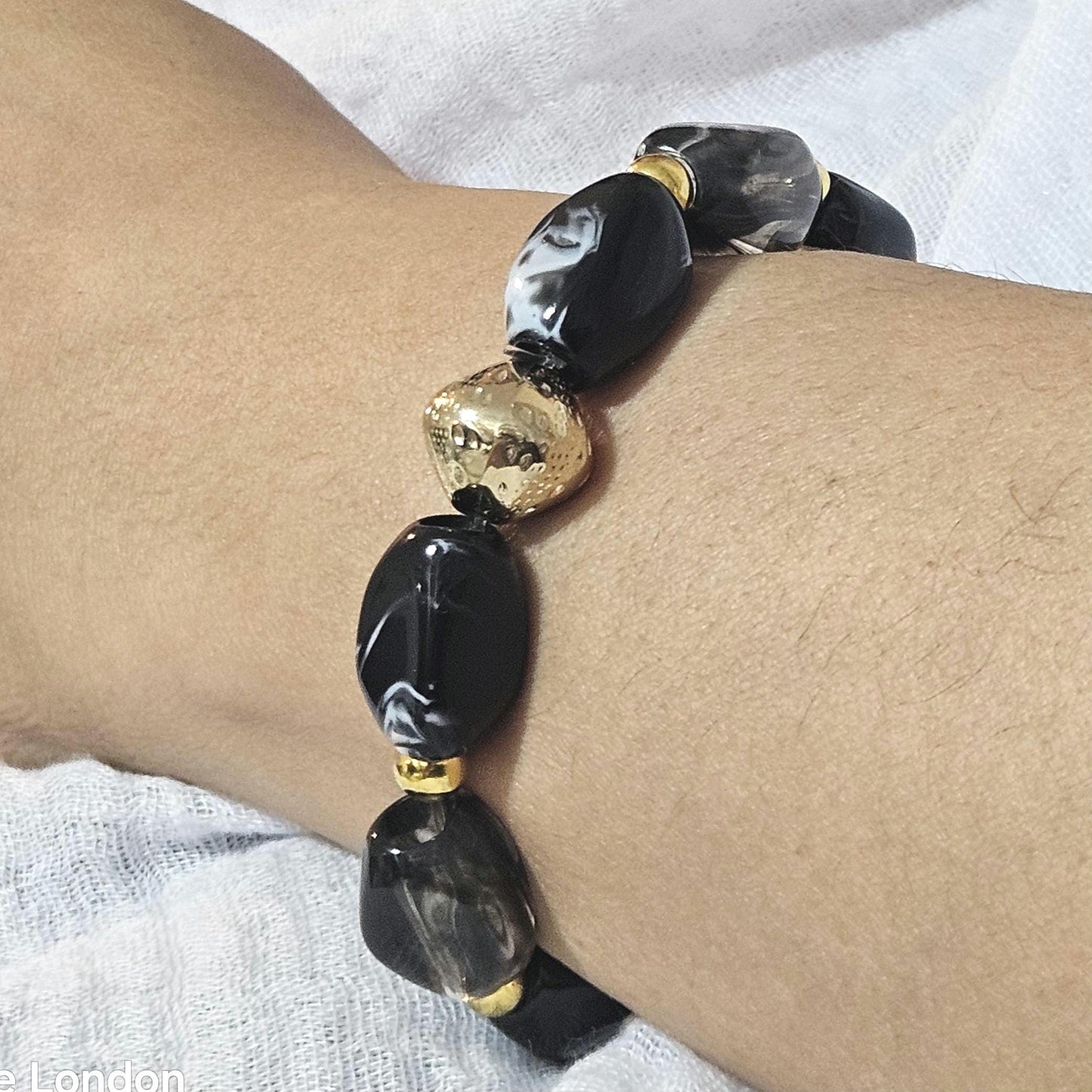 Elastic Black and Gold Bracelet, Stacking Large Acrylic Jewellery