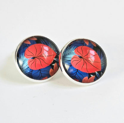 Red & Blue Floral Clip-On Earrings – 16mm Cabochon | Non-Pierced | Hypoallergenic
