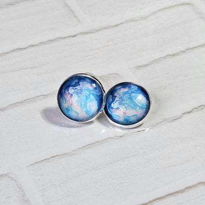 Blue Watercolour Silver Clip On Earrings, Non Pierced Stud Earrings, Handmade Cabochon, Lightweight Statement Jewellery