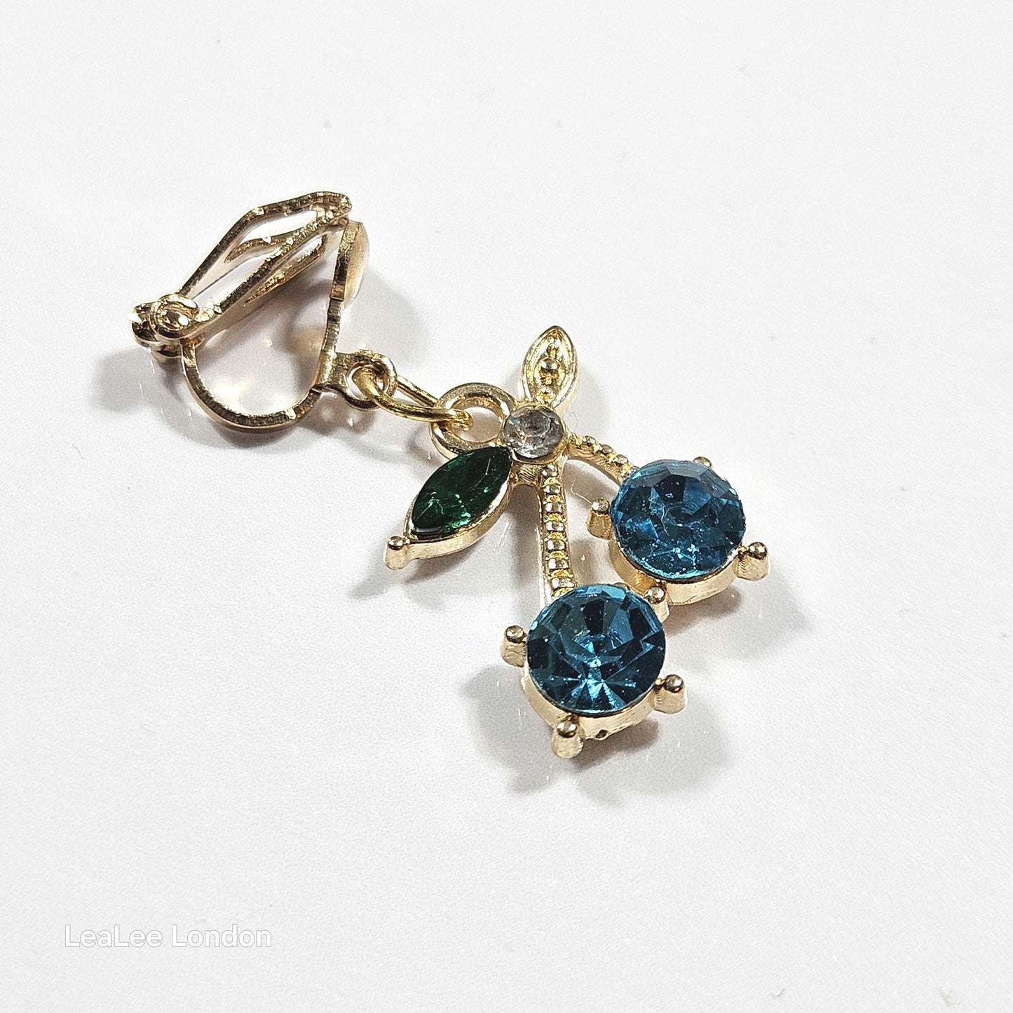 Gold Cherry Clip On Earrings, Sparkly Crystal Fruit Dangles, No Pierce Jewelry for Women, Cute Pink Blue Purple Cherry Drop Earrings