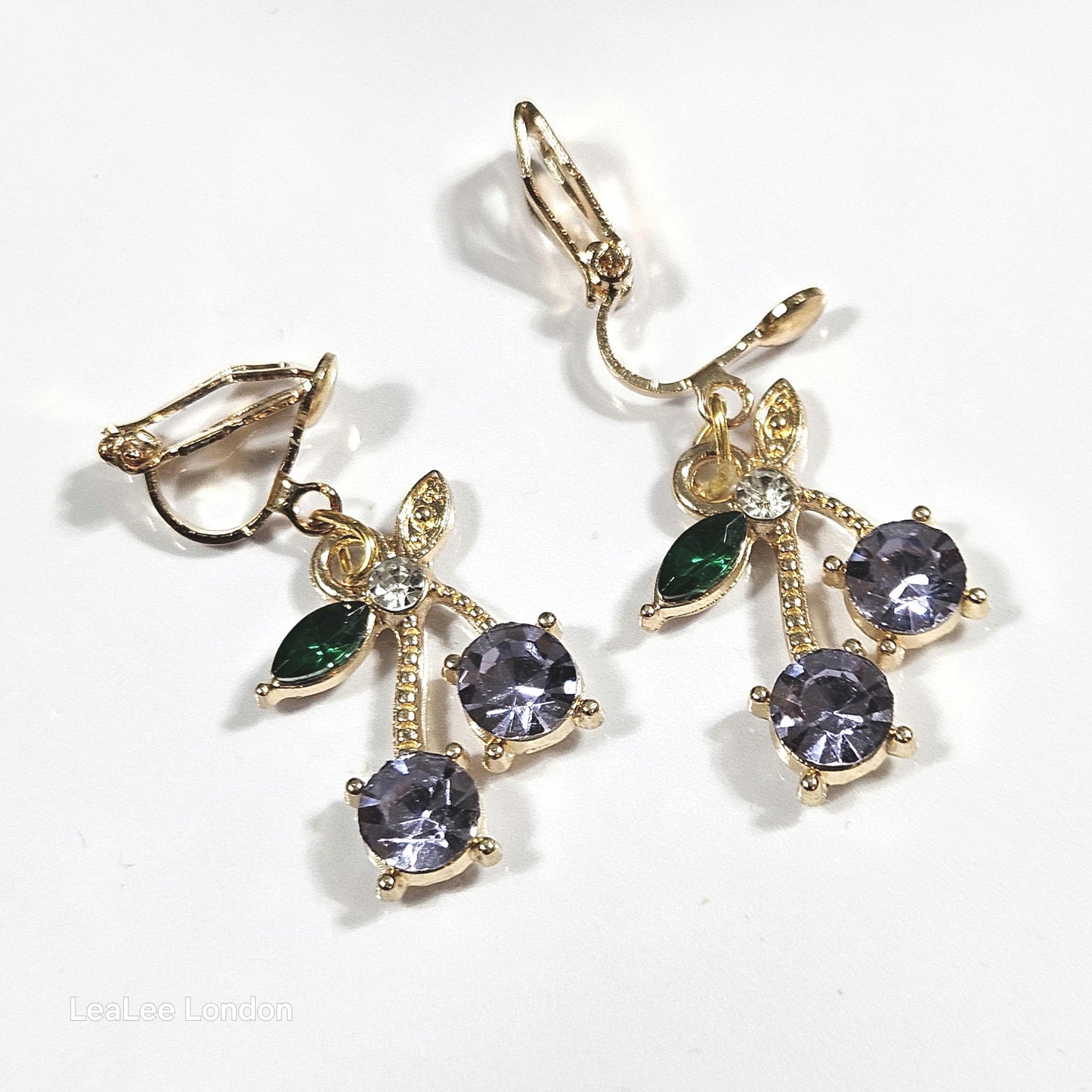 Gold Cherry Clip On Earrings, Sparkly Crystal Fruit Dangles, No Pierce Jewelry for Women, Cute Pink Blue Purple Cherry Drop Earrings