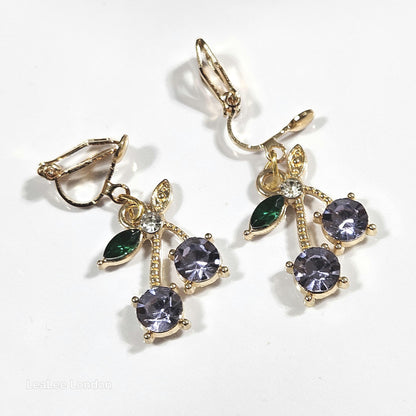 Gold Cherry Clip On Earrings, Sparkly Crystal Fruit Dangles, No Pierce Jewelry for Women, Cute Pink Blue Purple Cherry Drop Earrings