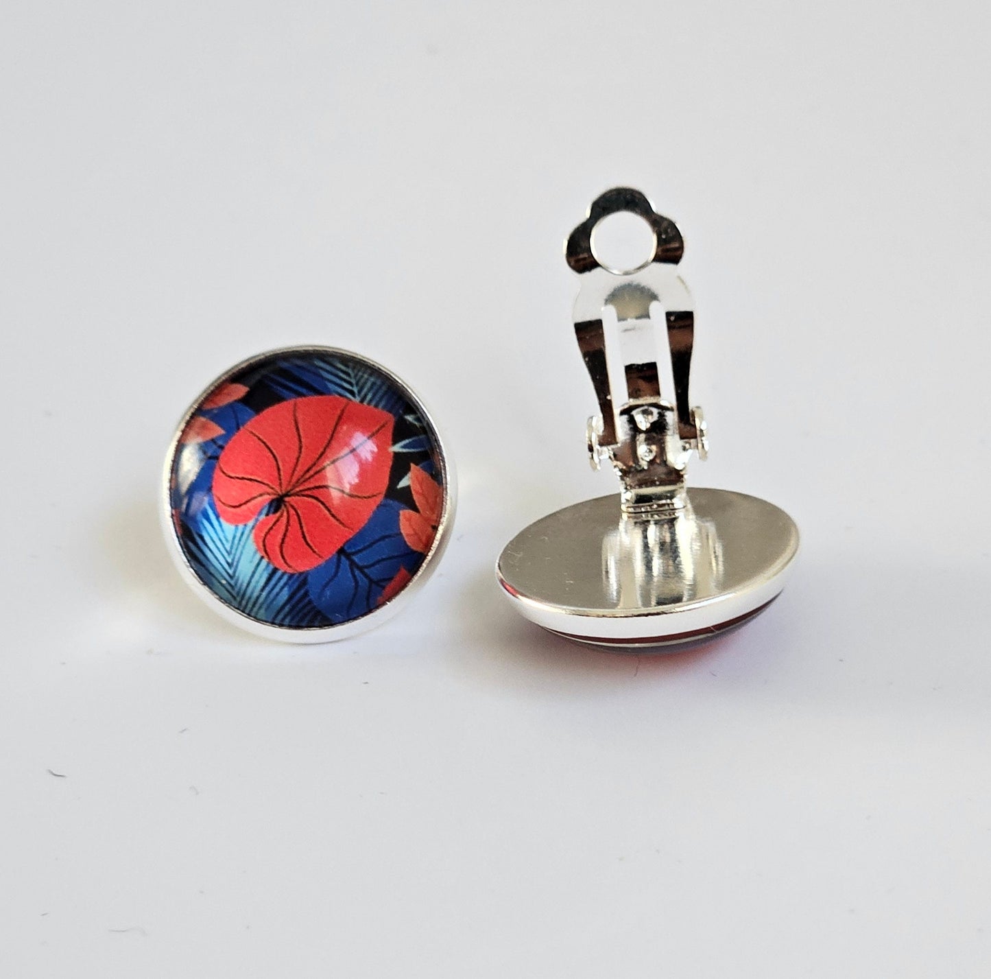 Red & Blue Floral Clip-On Earrings – 16mm Cabochon | Non-Pierced | Hypoallergenic