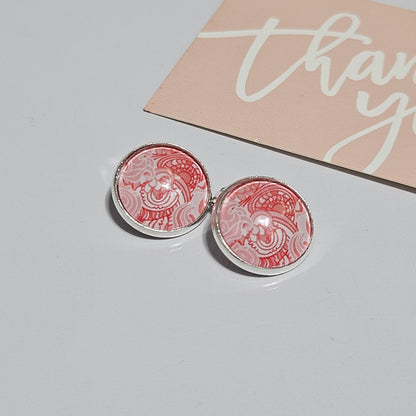 Red Cabochon Clip-On Earrings | Silver Tone Huggie Style | Non-Pierced