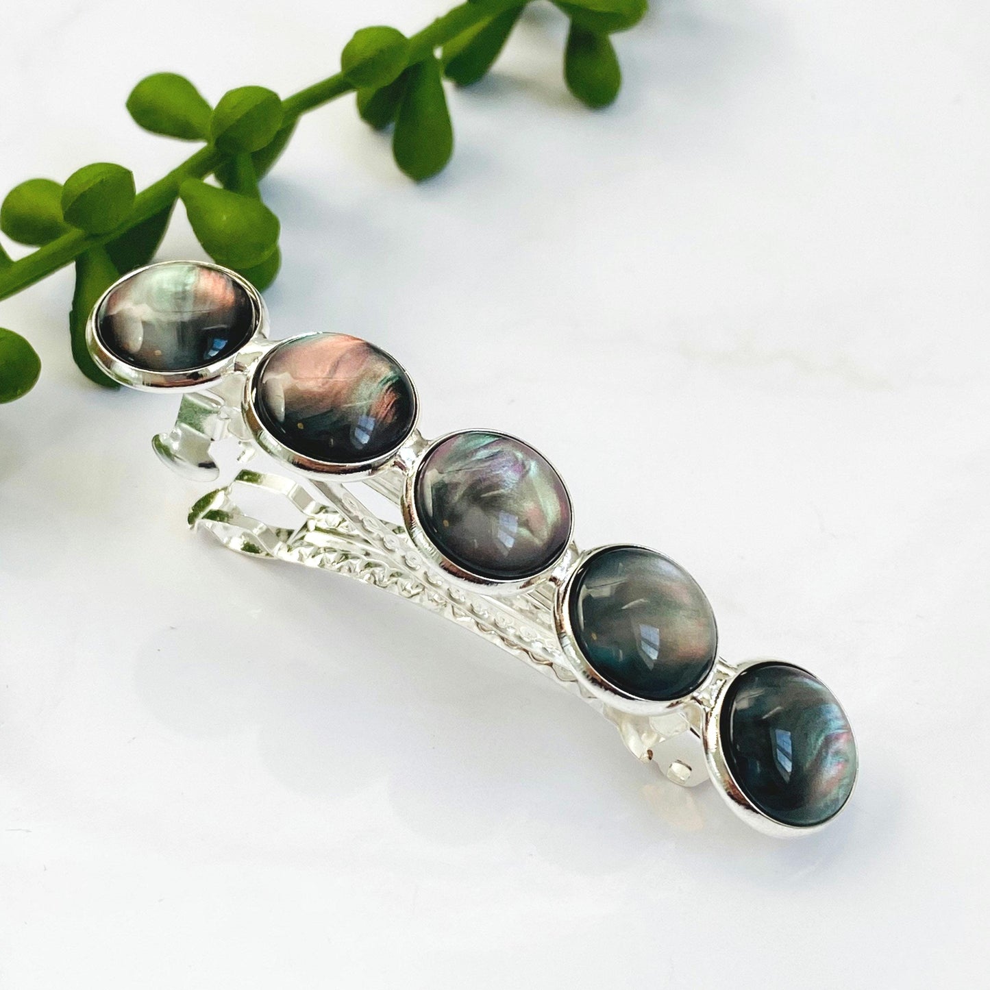 Black Marble Resin Hair Barrette: Silver French Clip