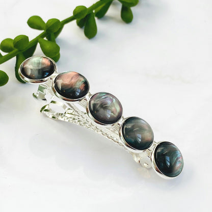 Black Marble Resin Hair Barrette: Silver French Clip
