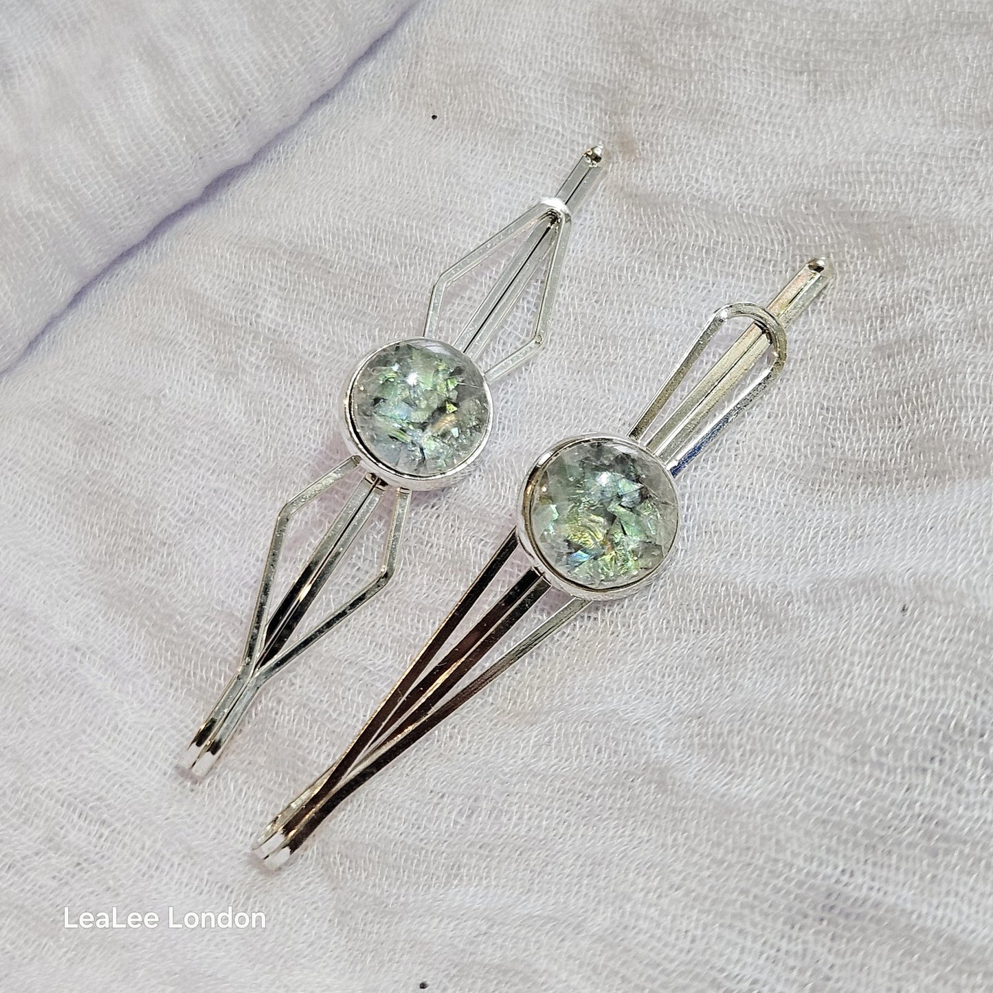 Iridescent Cabochon Hair Slides: Silver Hair Pins (Set of 2)