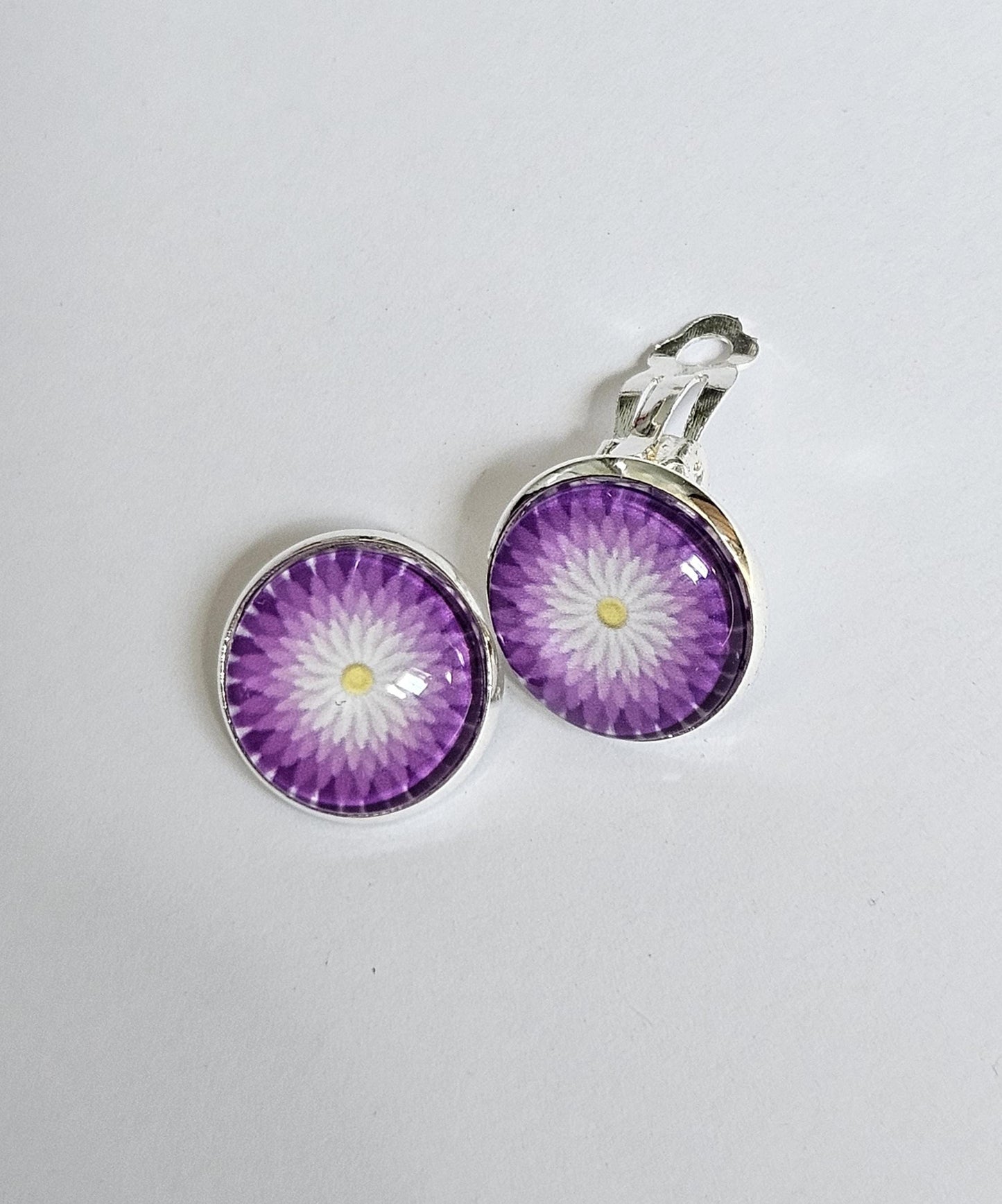 Purple Flower Clip-on Earrings: Silver Tone Copper Base