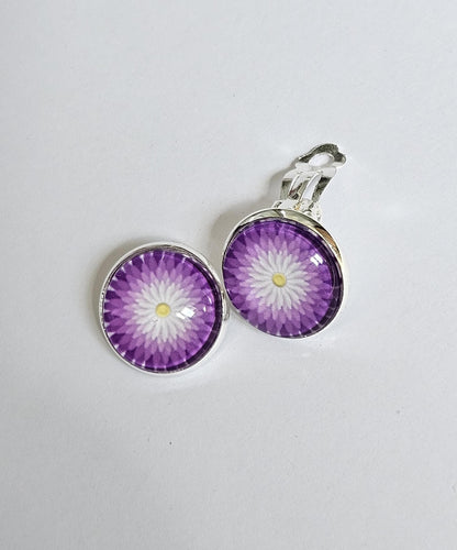 Purple Flower Clip-on Earrings: Silver Tone Copper Base